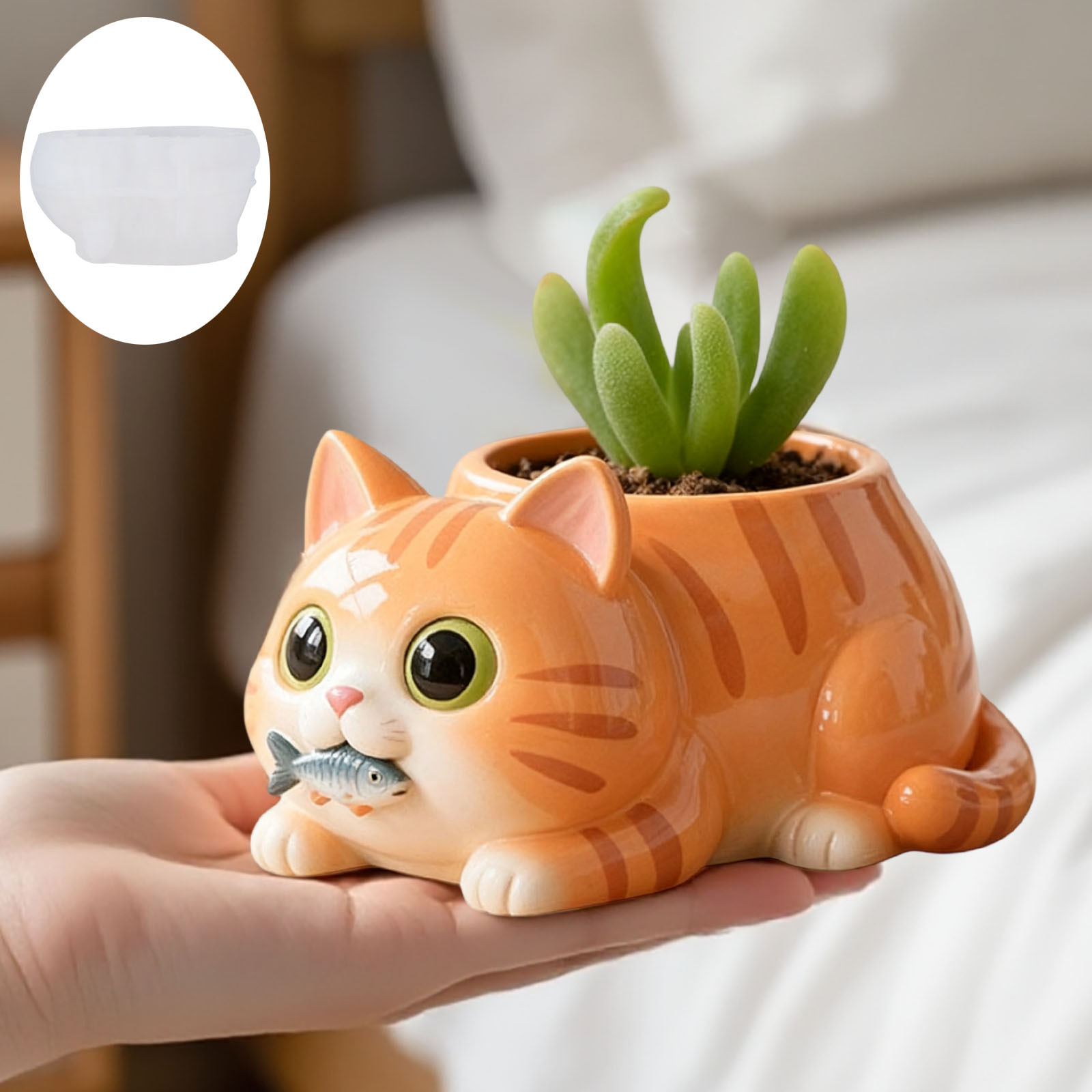 Succulent Planter Pot - 고양이가 물고기를 먹는 화분 실리콘 몰드,