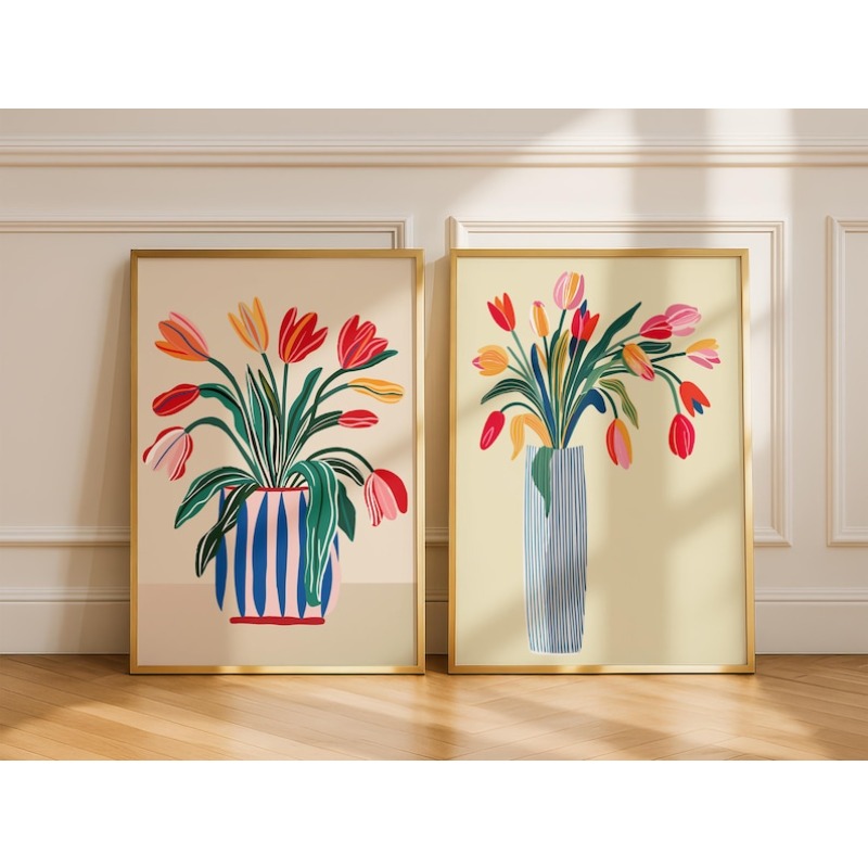 Home Decor Vase - 2개 튤립 꽃 캔버스 벽 예술,