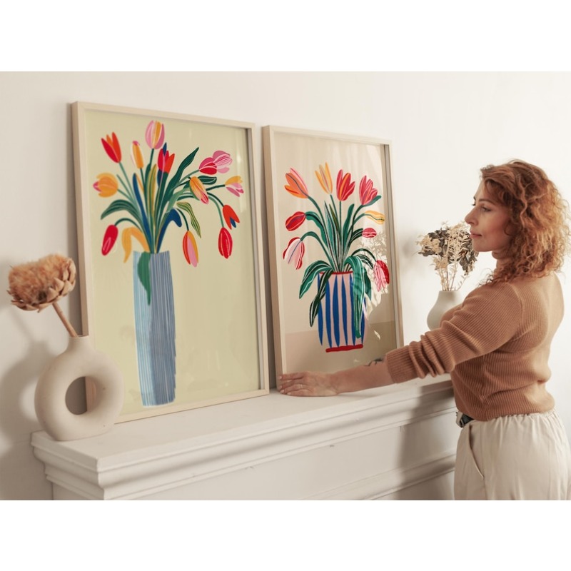 2개 튤립 꽃 캔버스 벽 예술, 프레임 없는 현대적인  - Home Decor Vase 리뷰 및 가격